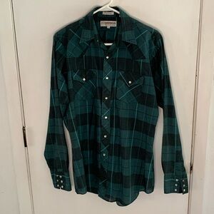 Corral West Vtg teal black plaid long sleeve western button down shirt Sz 15 1/2
